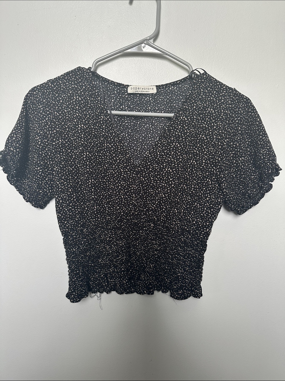 Paper Crane Black Ditsy Smocked V-Neck Crop Top